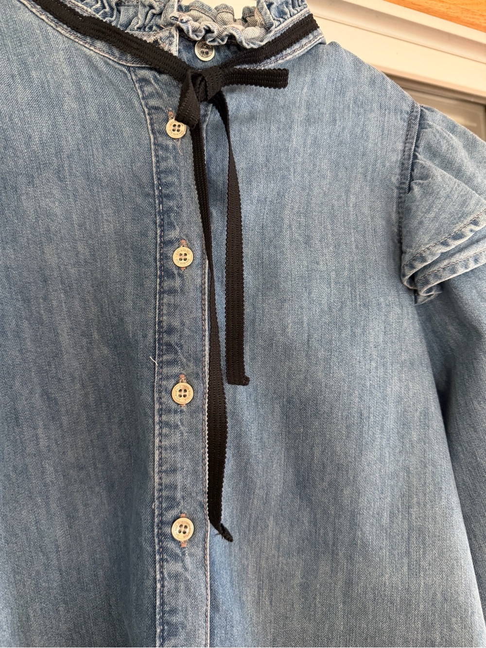 NWT Zara Denim Ruffle Collar Blouse with Black Ribbon - Picture 4 of 8